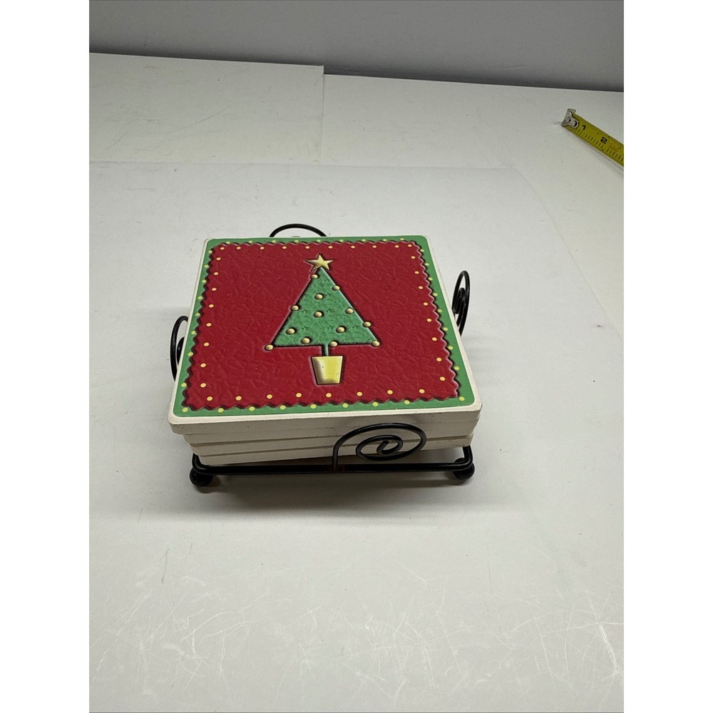 Christmas Tree Ceramic Coaster Set of 4 with Black Metal Holder Red Green Decor